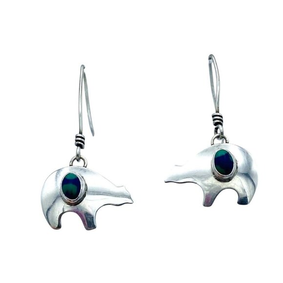 Sterling Silver Signed S.J. Azurite Malachite Bear Earrings Dangle Drop Threader - Picture 4 of 8